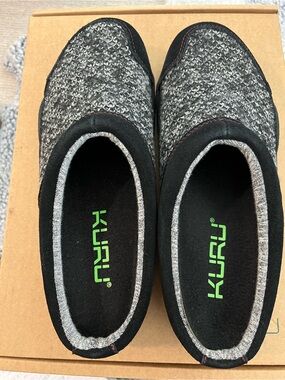 KURU Gray and Black Slip-On Flats with Green Logo Unisex